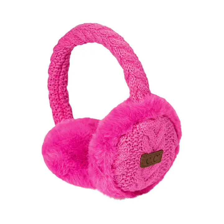 Ladies Cable Knit Faux Fur Hot Pink Ear Muffs