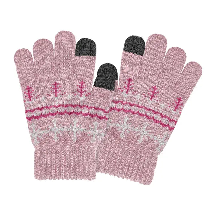 Girls Pink Snowflake Touchscreen Stretch Gloves