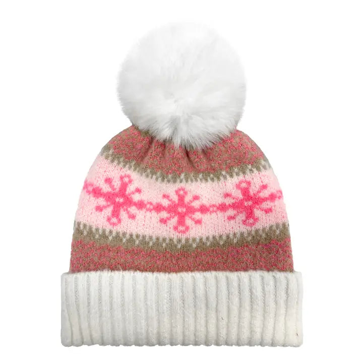 Girls Pink Plush Lined Snowflake Beanie