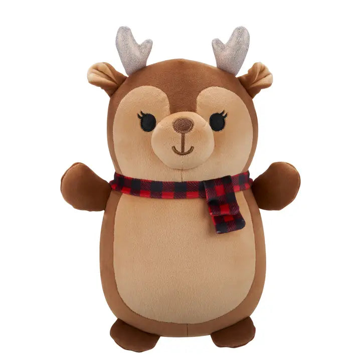 Plush Reindeer with Gold Glittered Antlers & Red Plaid Scarf