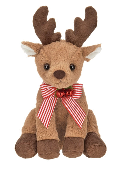 Plush Brown Reindeer with Red Stiped Bow, Holly & Red Jingle Bells