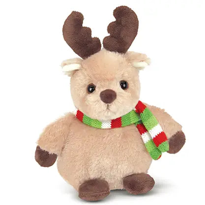 Plush Brown Reindeer Wearing Christmas Green/Red/White Scarf