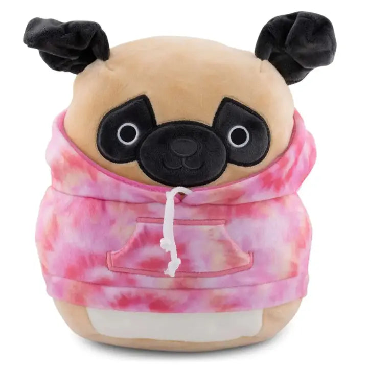 Plush Pug Wearing a Pink Hoodie