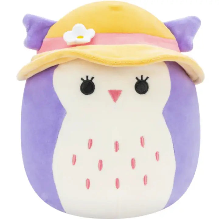 Plush Purple Owl Wearing Yellow Hat with White Flower