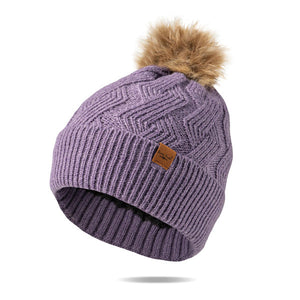 Ladies Plush Pom Pom Purple Winter Hat