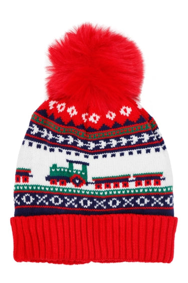 Kids Red Choo Choo Train Fleece Lined Knitted Beanie