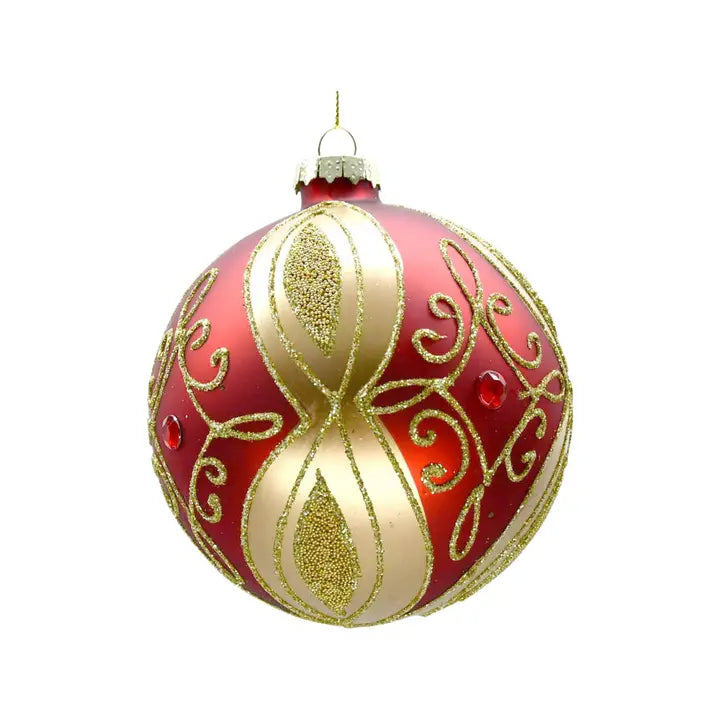 Glass Red & Gold Glittered Round Ornament