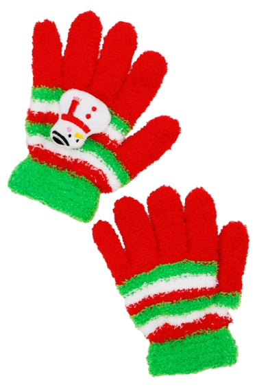 Kids Christmas Stripe Fuzzy Fleece Snowman Cozy Gloves