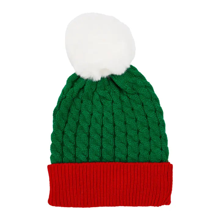Kids Cable Knitted Pom Pom Red/Green Beanie