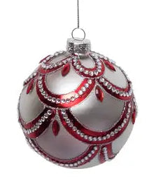 Glass Silver/Red Ornament with Crystal Beads