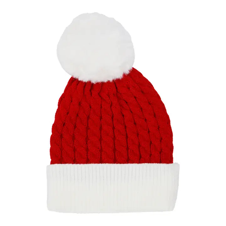 Kids Cable Knitted Pom Pom Red/White Beanie