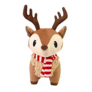 Plush Christmas Reindeer Wearing Red/White Striped Scarf  With Antlers