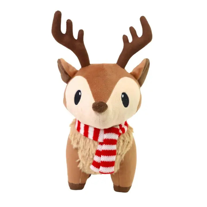 Plush Christmas Reindeer Wearing Red/White Striped Scarf  With Antlers