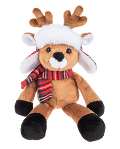 Plush Reindeer with Red Plaid Winter Hat & Scarf