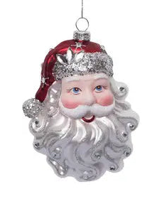 Glass Red/Silver Glittered Santa Head Ornament