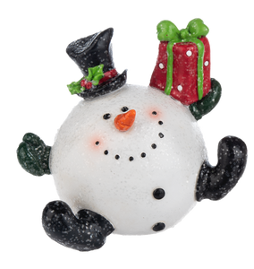 Snowball Snowman Figurine Wearing Black Hat Holding a Christmas Present