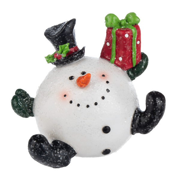Snowball Snowman Figurine Wearing Black Hat Holding a Christmas Present