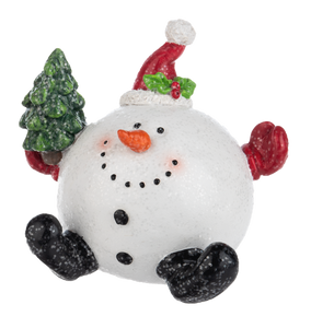 Snowball Snowman Figurine Wearing Red Santa Hat Holding a Christmas Tree