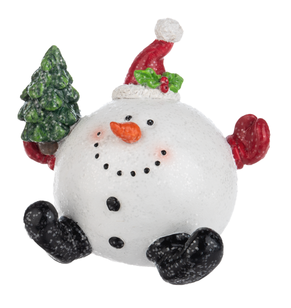 Snowball Snowman Figurine Wearing Red Santa Hat Holding a Christmas Tree