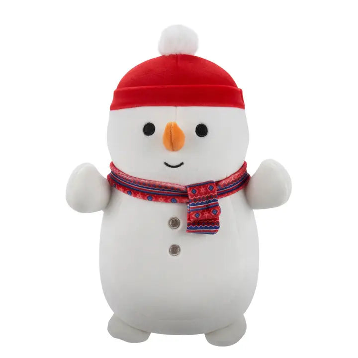 Plush Snowman Wearing Red Winter Hat & Plaid Scarf