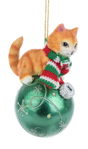 Christmas Tabby Cat with Green/White Ornament