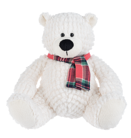 Plush White Bear With Pink/Brown Plaid Scarf