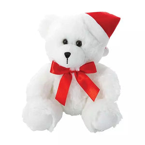 Plush White Christmas Bear with Red Bow & Red Santa Hat