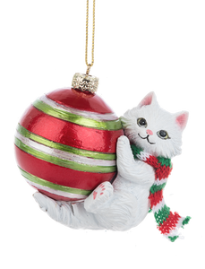 Christmas White Cat with Red/Gold Ornament