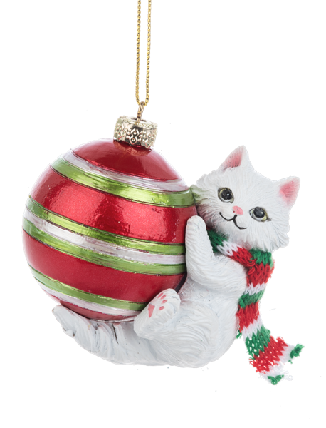 Christmas White Cat with Red/Gold Ornament