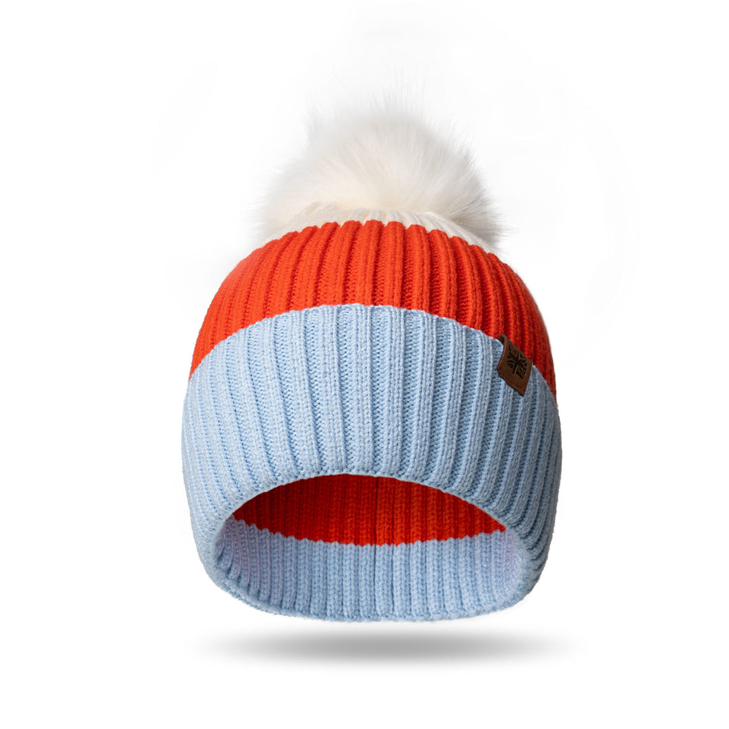 Kids Knit Pom Pom Winter Hat - White/Coral/Light Blue