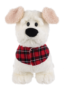 Plush White Puppy Wearing Red Plaid Winter Coat