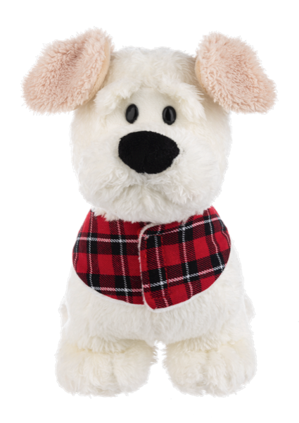 Plush White Puppy Wearing Red Plaid Winter Coat