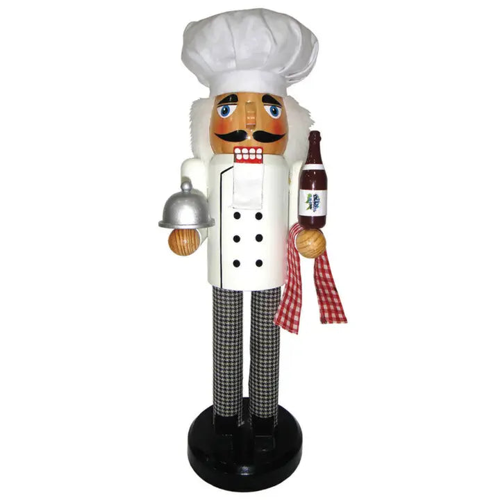 Wooden Chef Nutcracker Holding Wine Bottle