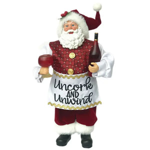 Wine Santa Figurine Holding Glass of Wine & Wine Bottle - Uncork and Unwind