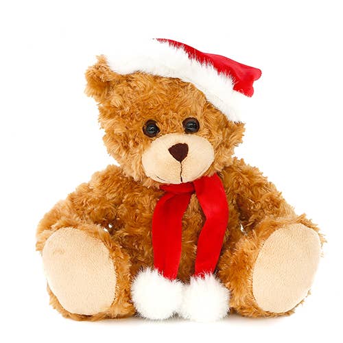 Medium Size Christmas Mocha Bear with Red Santa Hat & Red Scarf