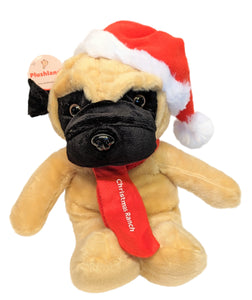Plush Christmas Pug with Red Santa Hat & Red Scarf with Christmas Ranch