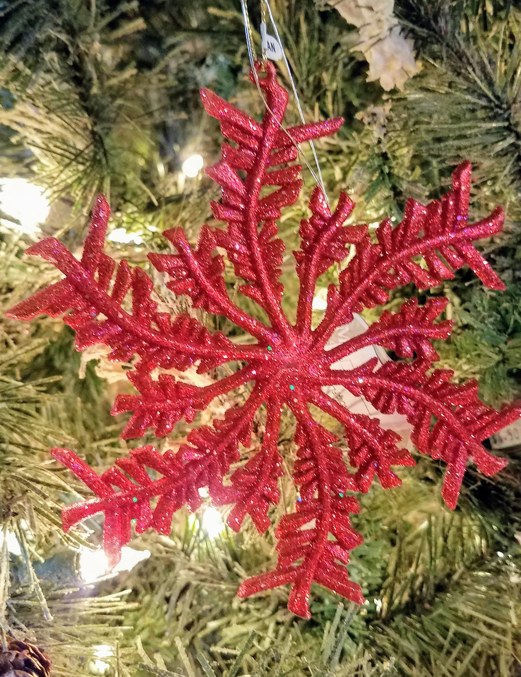 Red snowflake ornament with glitter acrylic 5 inches