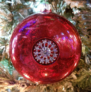 Glass red ornament with silver inner circle 3"