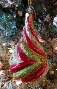 Glass red,green & gold teardrop ornament 7"