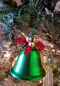 Metal green bell with gold bow ornament 5"