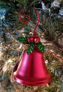 Metal red bell with gold bow ornament 5"