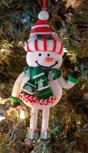 Snowman ornament with red,white & green scarf- claydough 5"