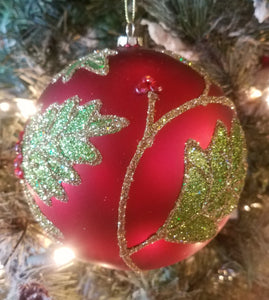 Glass red with green leaves ornament 6 inches