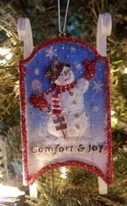 Snowman on a sled ornament- Comfort & Joy- wooden 5"