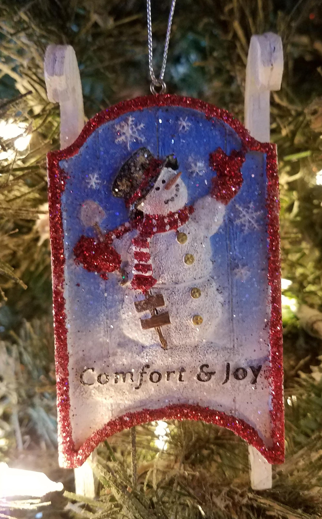 Snowman on a sled ornament- Comfort & Joy- wooden 5