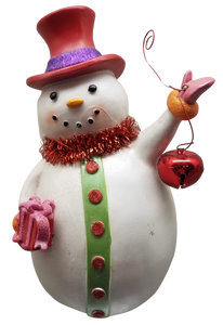 Snowman with red hat , holding a present & red bell figurine -resin