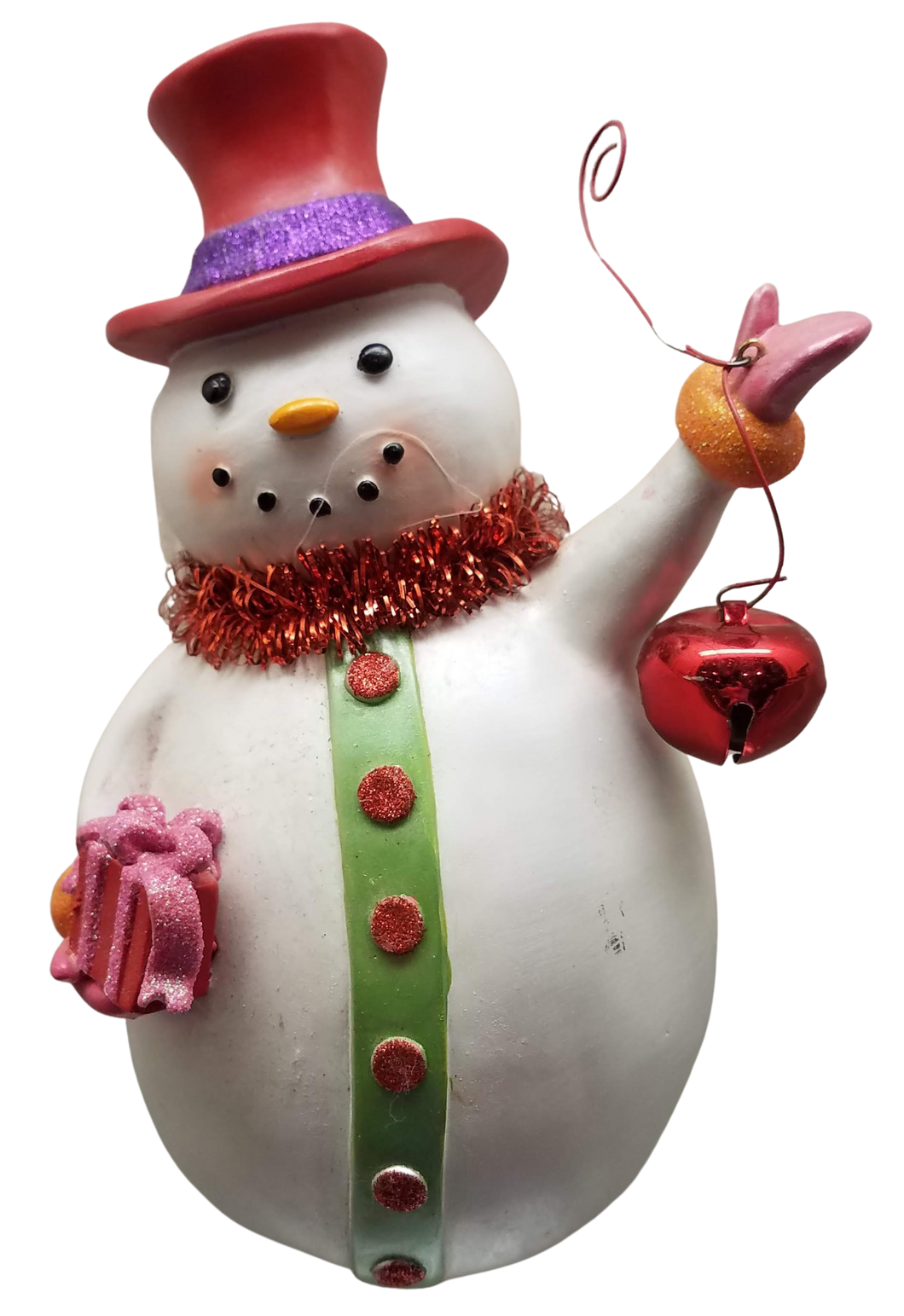 Snowman with red hat , holding a present & red bell figurine -resin
