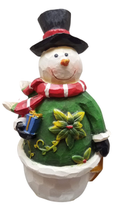 Snowman with present & red scarf figurine - resin 6"