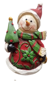 Snowman with tree & red hat figurine -resin 6"