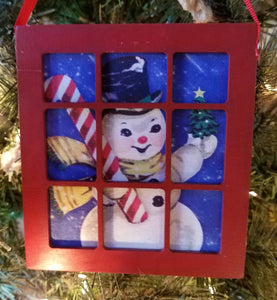 Red window pane ornament with snowman with candy cane - wooden 5"